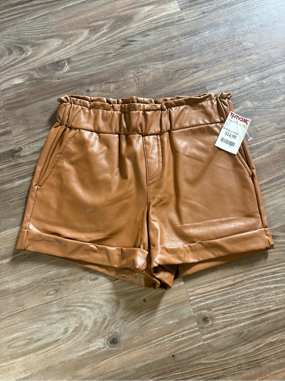 T.J.Maxx Faux Leather High-Waist Paperbag Shorts in Tan Brown